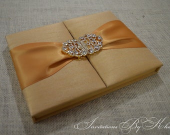 Wedding invitation gold box, box wedding invitation, luxury wedding invite suite, custom wedding invitation card box with Rhinestone brooch