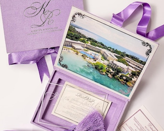 Lavender Velvet Wedding Invitation Box with Acrylic Invitations & Wedding Monogram