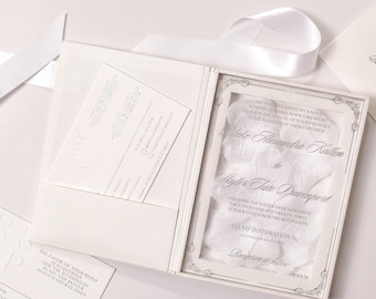 White Wedding Invitation Box with Embossed Monogram, Rose Petals and Clear Acrylic Invite