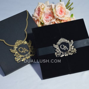 Black Velvet Tri-fold Jacket Folio Wedding Invitation: Foil Monogram