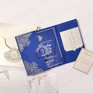 Royal Blue Suede Wedding Invitations with Acrylic Invitation, Custom Logo Monogram Invitation, Velvet Invitations, Customized Invitation