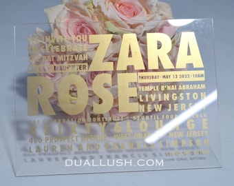 Clear Acrylic Bat Mitzvah Invitation Gold Printing and Mailer Envelope