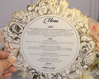 Menú de boda cortado con láser en lámina de oro: Tarjetas de cena florales