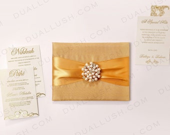 Gold Pocket Wedding Invitations, Silk Book Fold Folio Invitation, Pocket Folio Invite Set, Luxury Folio Invite, Unique Invitation