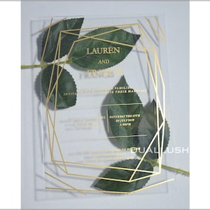 Clear Acrylic Wedding Invitation: Gold Print with Geometric Design