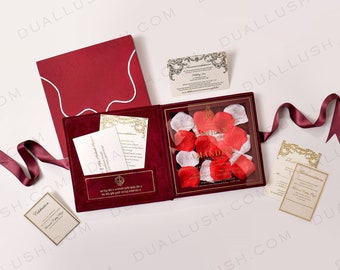 Luxurious Velvet Wedding Burgundy Invitation with Box, Acrylic Invitation with Rose Petals, Wedding Invites, Velvet Invitations