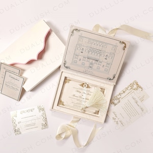 Scatola per inviti di nozze in pelle scamosciata avorio con inviti in acrilico, invito elegante, invito in scatola, invito personalizzato, inviti in velluto