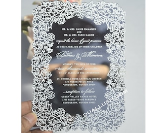 Acrylic Invitation with Silver Mirror Glass Wedding Invitation Looks and White Print Details, floral invites, wildflower wedding invitation