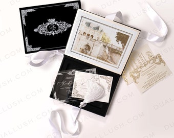 Elegante caja de invitación de boda de terciopelo negro con invitación de acrílico.