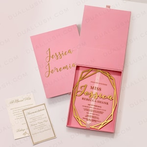 Rosa Hochzeit Einladungsbox mit Acryl Einladung, Rosa Hochzeitsboxen, Rosa moderne Hochzeitseinladung