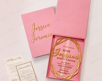 Pink Wedding Invitation Box with Acrylic Invitation, Pink Wedding Boxes, Pink Modern Wedding Invitation