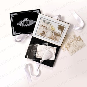 Elegante zwarte doos met huwelijksuitnodiging met acryluitnodiging, fluwelen uitnodiging, uitnodiging in doos, luxe uitnodiging, aangepaste uitnodiging