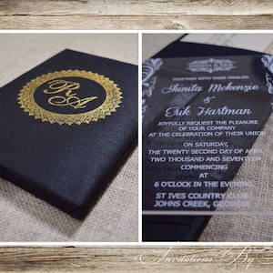 Black Silk Boxed Acrylic Invitation: Custom Gold Foil Logo Monogram
