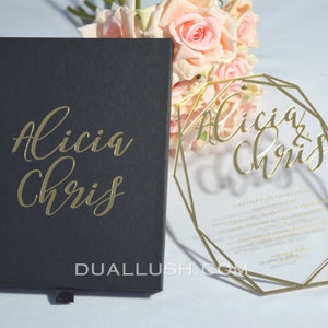 Acrylic Wedding Invitation Box with Foil Logo Monogram and Geometric Shape Clear Acrylic Invitation with Glass Mirror Acrylic Design & Names