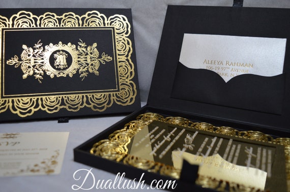 Luxury Monogram Black Acrylic Wedding Invitation with Gold Screen Printing  CAX113