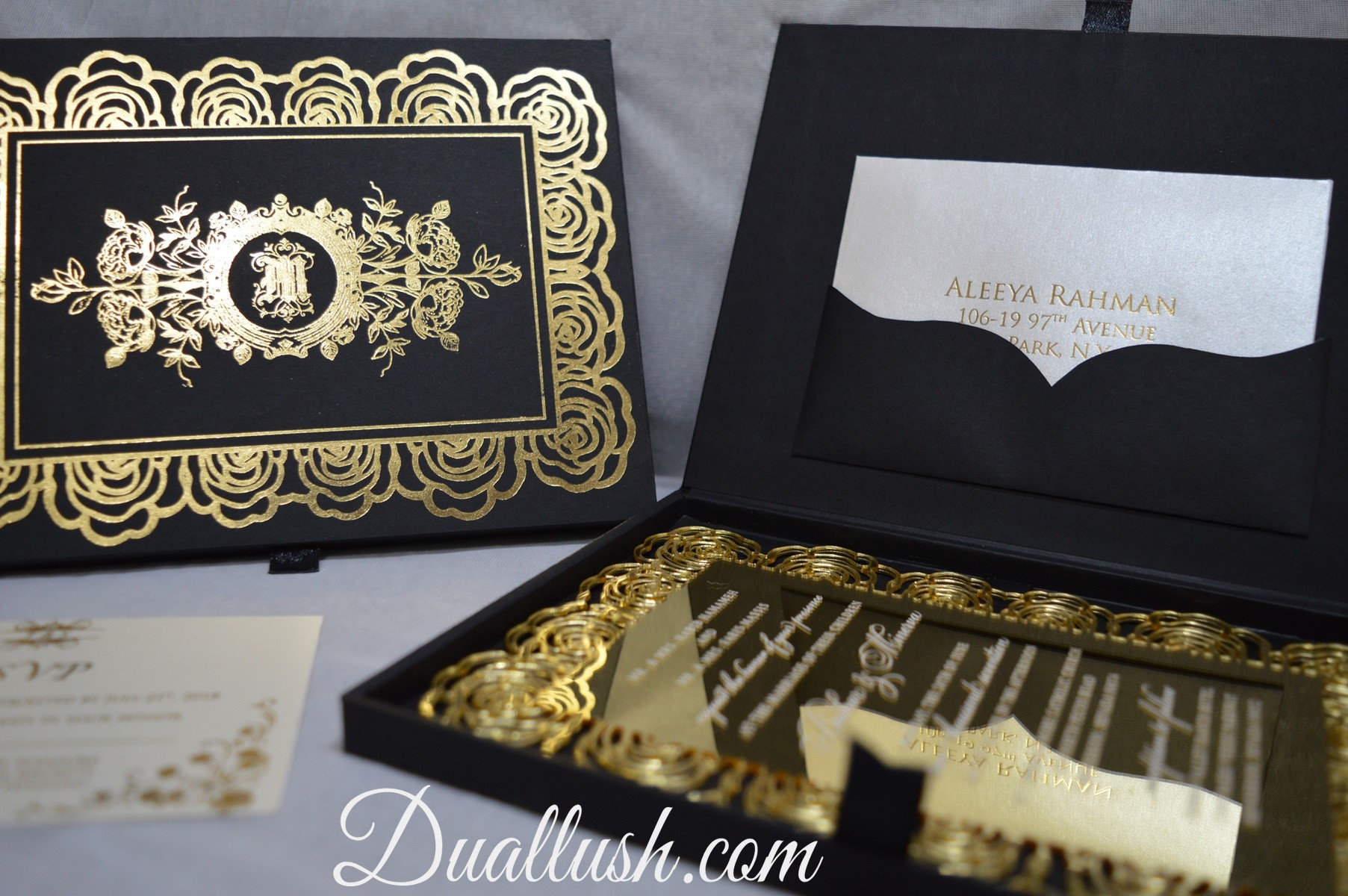 Luxury Gold Monogram Black Acrylic Wedding Invitation BACR02