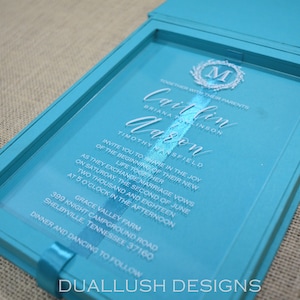Customized Teal Acrylic Box Wedding Invitation with Silver Foil Monogram - Luxury Boxed Invitation for Exclusive Events, Custom Acrylic Box