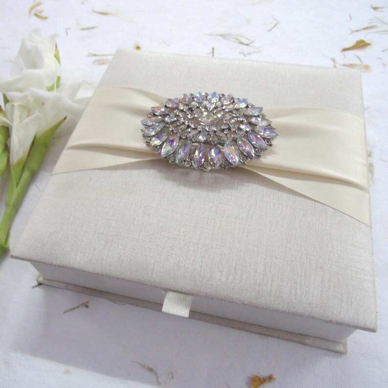 Ivory Silk Wedding Invitation Box Suite With Satin Ribbon & Rhinestone ...