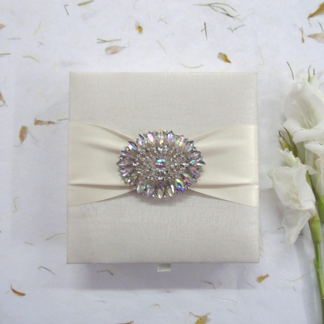 Ivory Silk Wedding Invitation Box Suite With Satin Ribbon & Rhinestone ...