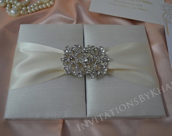 Ivory Silk Wedding Invitation Folio: Rhinestone Brooch, Luxury Invitation