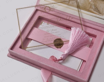 Caja para invitaciones de boda de terciopelo rosa: invitaciones personalizadas de acrílico