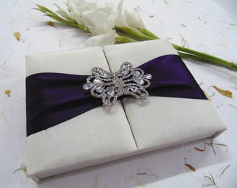 Ivory Silk Wedding Invitation Box: Rhinestone Brooch, Custom Invitation