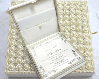 Embroidered Silk Wedding Invitation Box with Pearl & Crystal, Luxury Wedding Invites for Royal and Glamorous Weddings