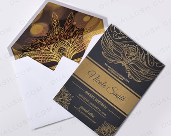 Invitación de baile de máscaras para quinceañera: Invitación de lujo en negro y dorado