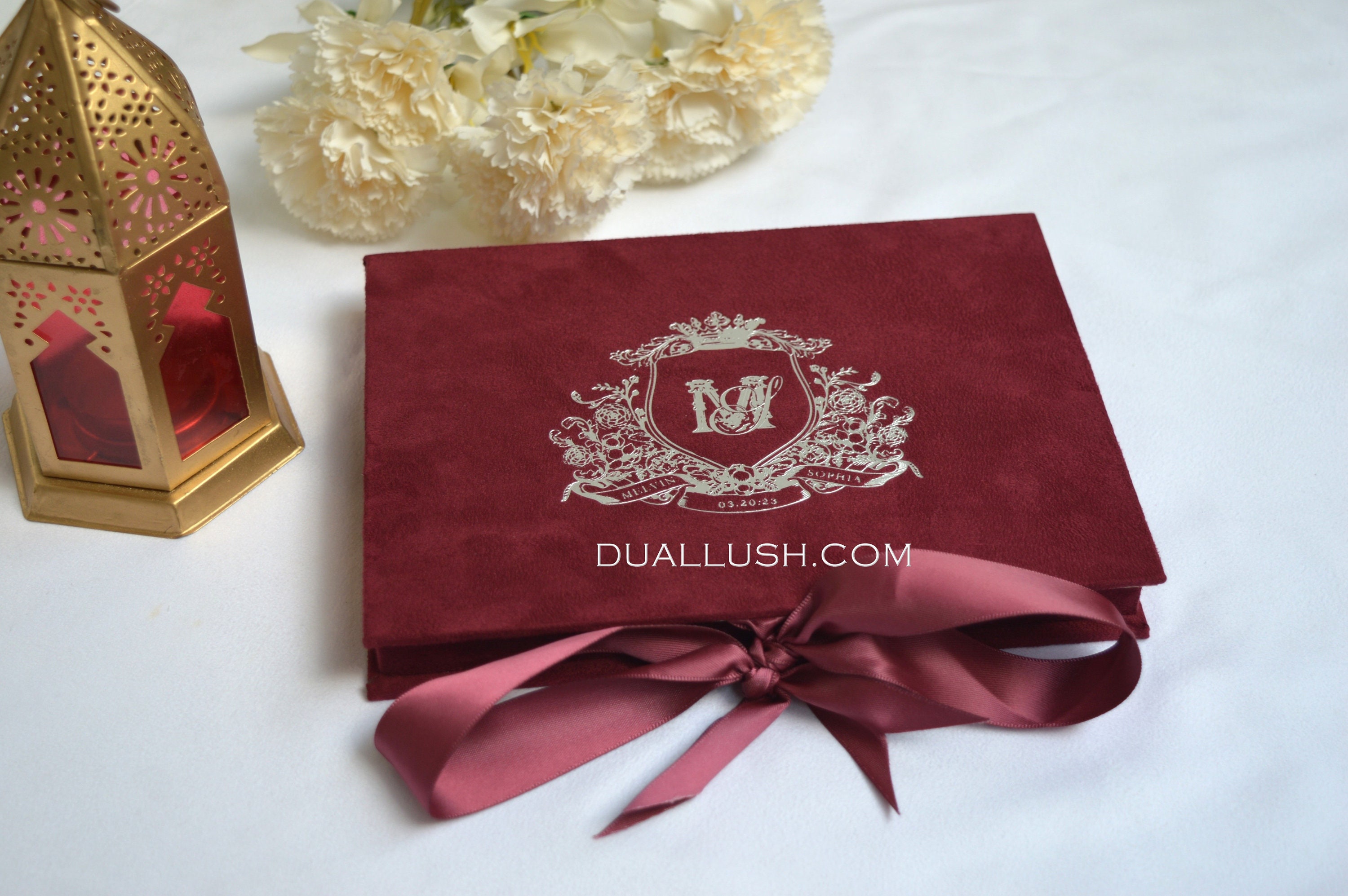 Burgundy Velvet Wedding Invitation Box: Custom Foil