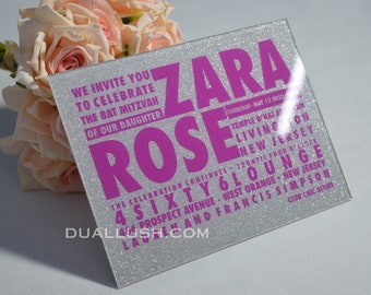 Clear Acrylic Bat Mitzvah Invitation: Silver Glitter