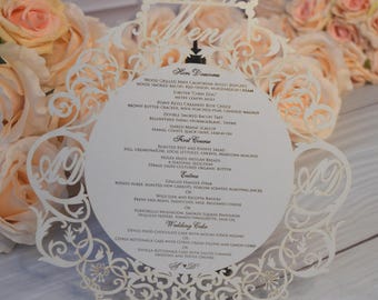 Menú de cena de ensayo cortado con láser: cartulina nacarada brillante, lámina metálica auténtica.