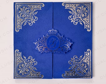 Royal Blue Velvet Folio Wedding Invitation: Acrylic Invite & Custom Real Foil Monogram