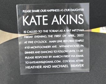 Clear & White Bat Mitzvah Acrylic Invitation• Acrylic Invitations