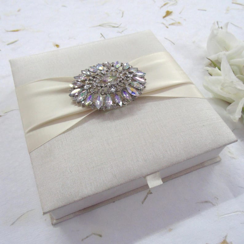 Ivory Silk Wedding Invitation Box Suite With Satin Ribbon & Rhinestone ...
