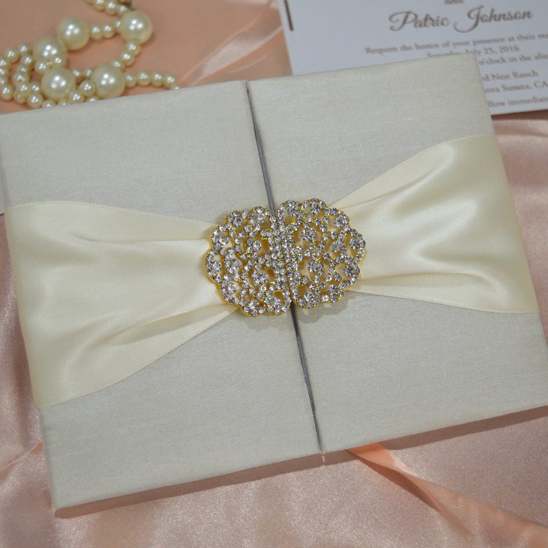 Ivory Silk Wedding Invitation Box Folio: Rhinestone Buckle, Satin ...