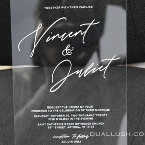 Minimalist Clear Acrylic Wedding Invitation with White Font