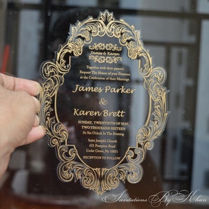 Clear Acrylic Wedding invitations, Acrylic Invitations with Gold Font And Laser Cut Design