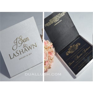 White Satin Wedding Invitation Box with Gold Foil Monogram - Custom Acrylic Invite