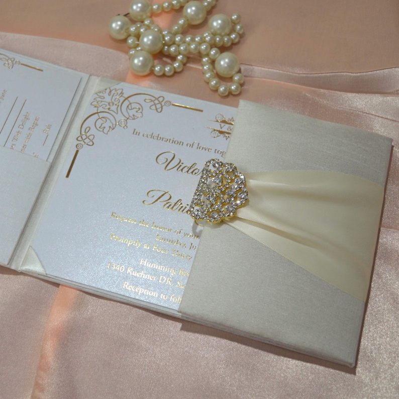 Ivory Silk Wedding Invitation Box Folio: Rhinestone Buckle, Satin ...