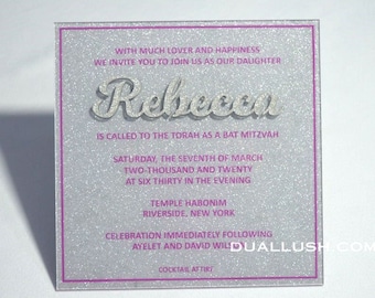 Silver Glitter Acrylic Bat Mitzvah Invitation: Hot Pink Text