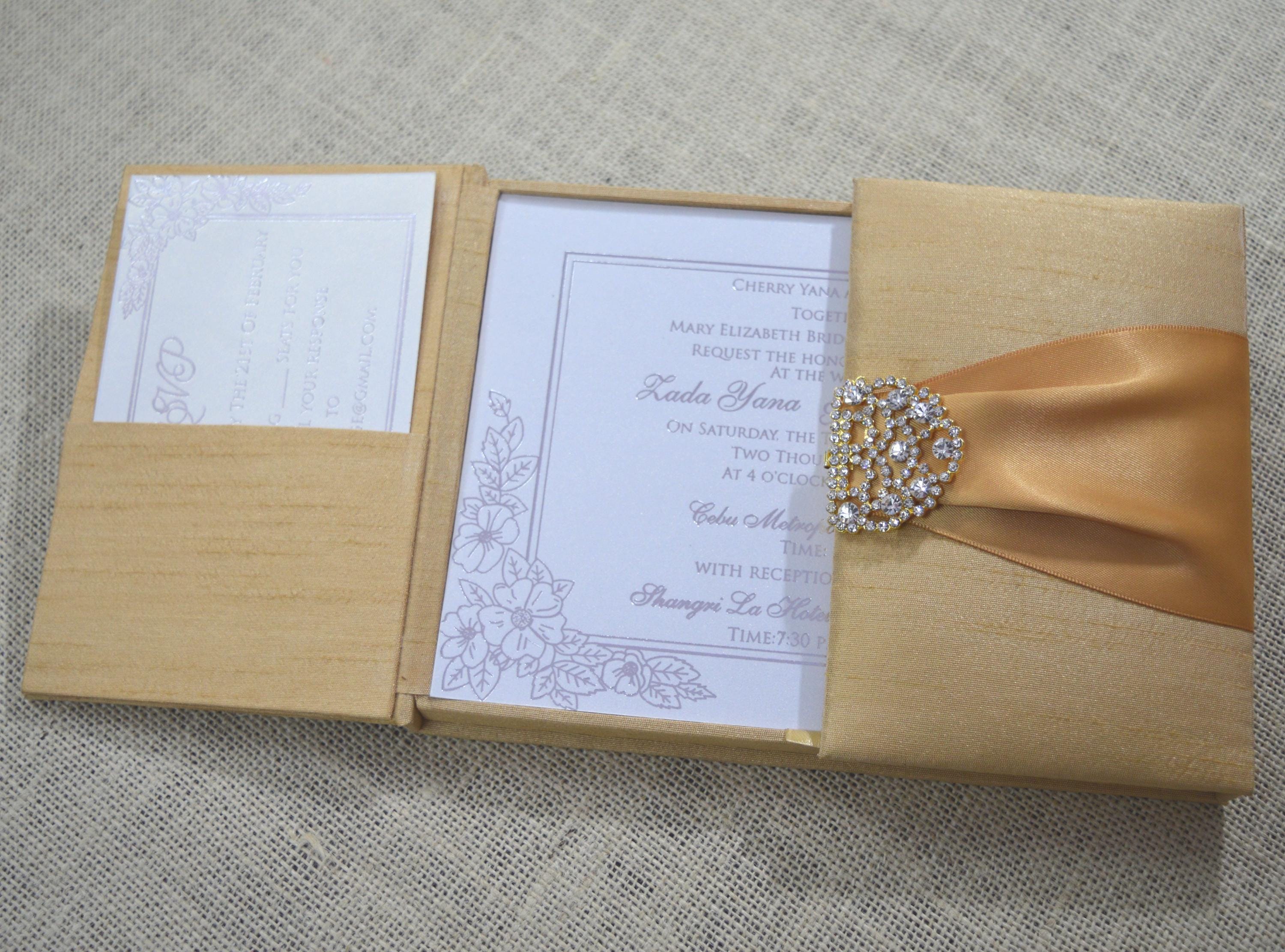 Gold Silk Gate Fold Wedding Invitation Box With Rhinestone Brooch ...