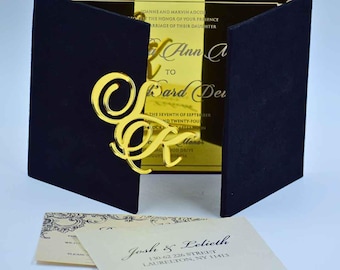 Black Velvet Wedding Invitation Folio with Custom Wedding Monogram: Gold Acrylic Invitations