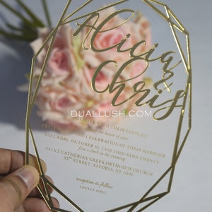 Acrylic Wedding Invitations With Gold Mirror Acrylic Laser Cut Names And Geometric Design