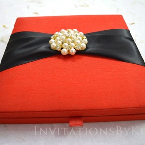 Red Silk Boxed Wedding Invitation: Rhinestone Starfish Buckle