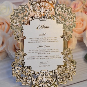 Złote lustrzane akrylowe menu na kolację weselną - wycinane laserowo menu na kolację weselną - menu na kolację próbną - karty menu drukowane folią