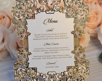Menú de la cena de ensayo de la boda: Acrílico con efecto espejo dorado cortado con láser y lámina metálica auténtica.