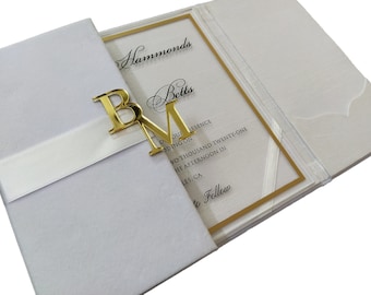 White Velvet Folio Wedding Invitation: Clear Acrylic Invite with Custom Gold Mirror Acrylic Monogram