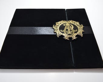 Black Velvet Wedding Invitation Folio with Custom Wedding Monogram
