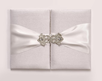 White Silk Folio Wedding Invitation Set, White Satin Ribbon, Nickel Rhinestone Brooch & Silver Foil