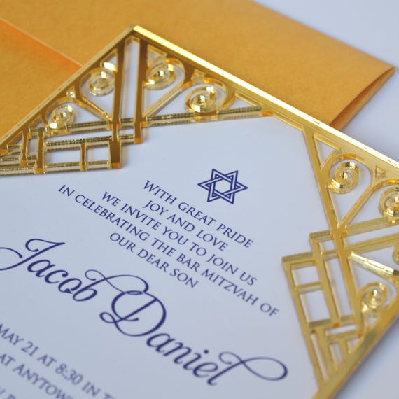 Acrylic Bar Mitzvah Invitation • Art Deco Gold Laser Cut Invites • Birthday Invitations